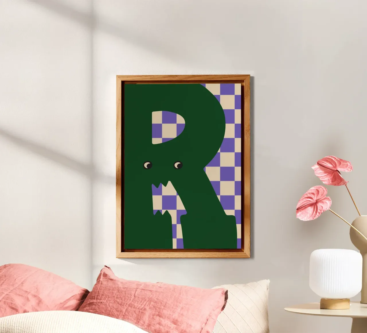 Fun Monster Letter R With Checkerboard Background alu-dibond by ALLÉE DE PAPIER