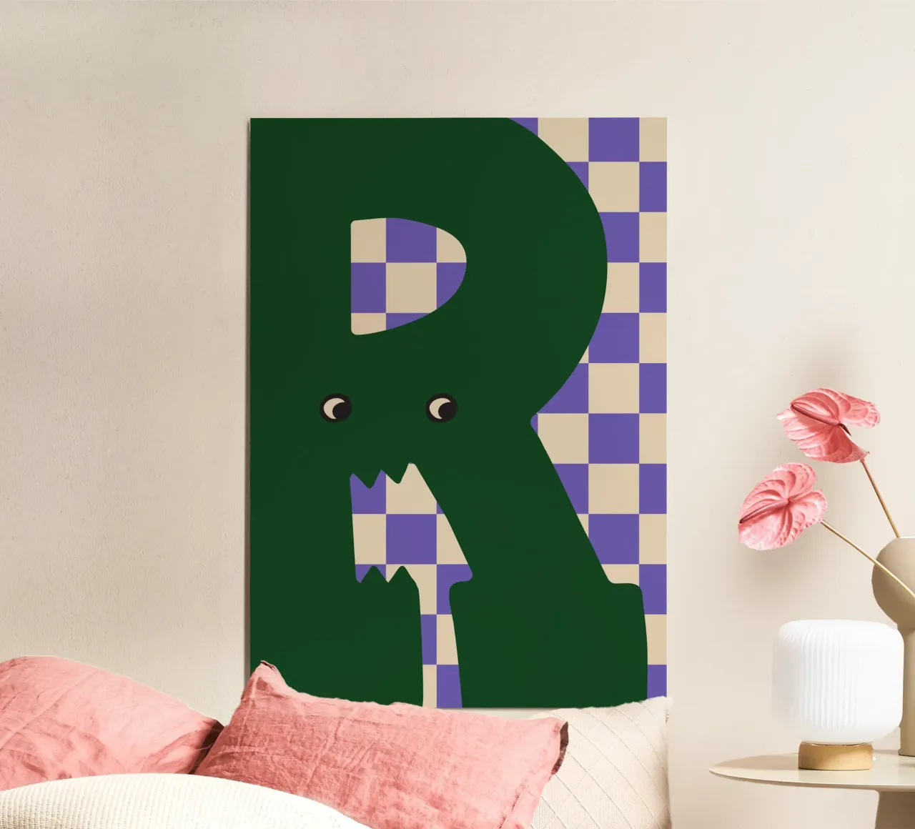 Fun Monster Letter R With Checkerboard Background alu-dibond by ALLÉE DE PAPIER