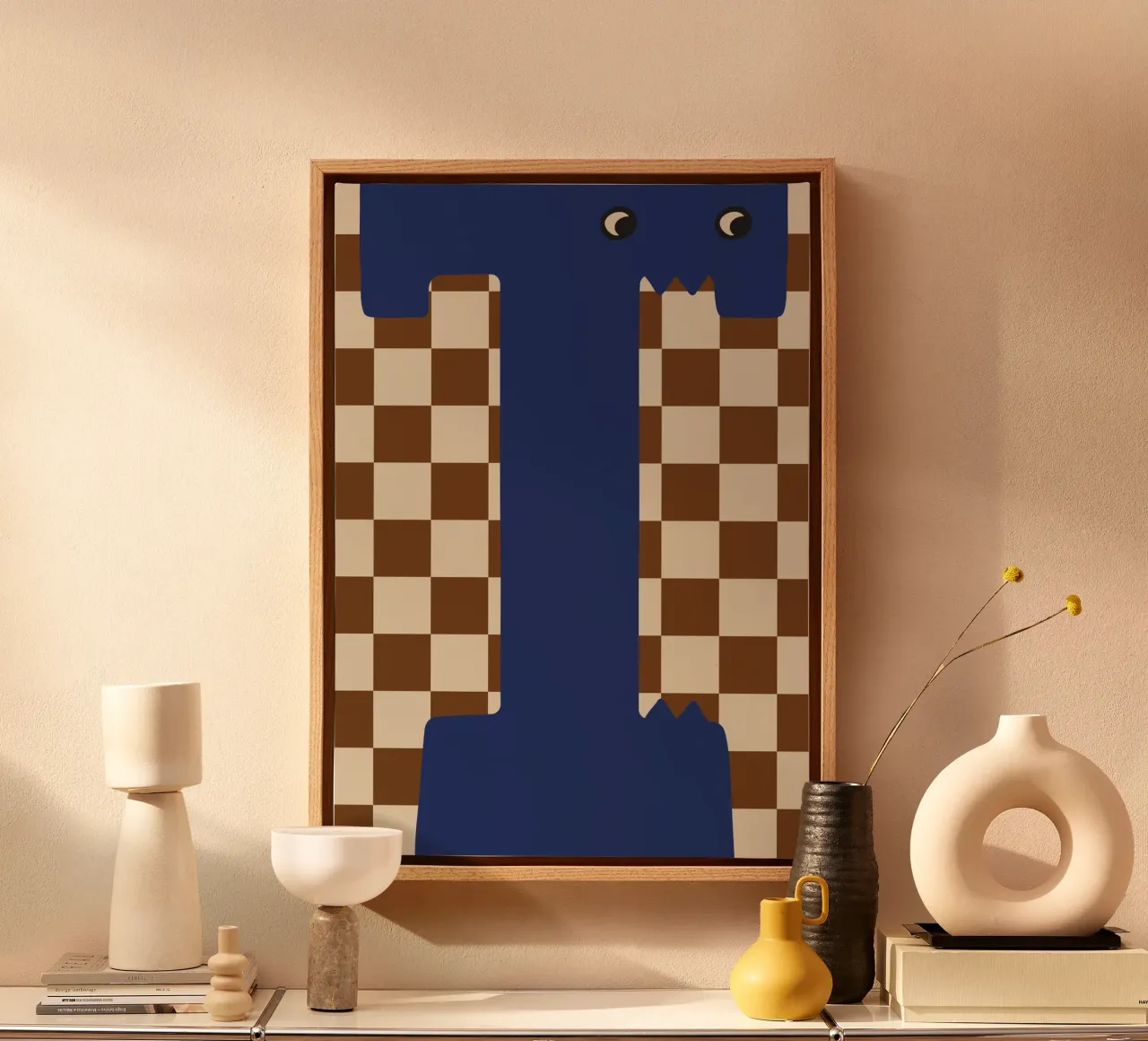 Fun Monster Letter T With Checkerboard Background canvas with Floater frame by ALLÉE DE PAPIER