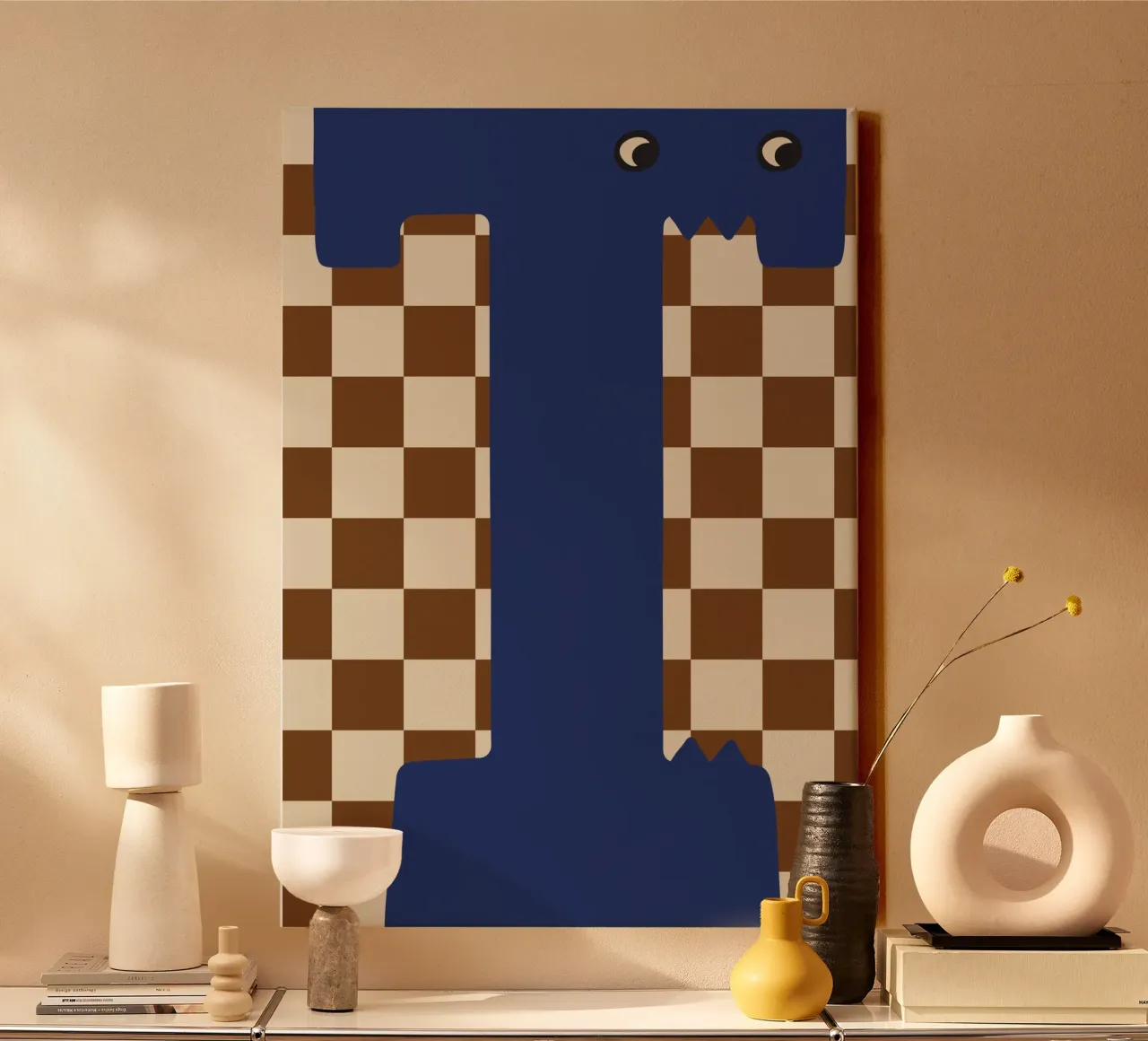 Fun Monster Letter T With Checkerboard Background canvas with Floater frame by ALLÉE DE PAPIER