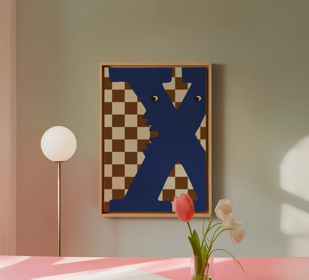Fun Monster Letter X With Checkerboard Background canvas with Floater frame by ALLÉE DE PAPIER