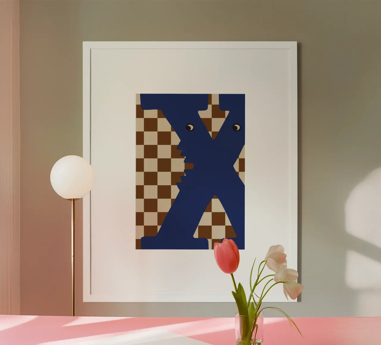Lustiger Monster-Buchstabe X mit schachbrettartigem Hintergrund Poster mit Aluminium Rahmen von ALLÉE DE PAPIER