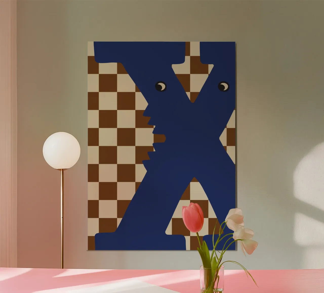 Lustiger Monster-Buchstabe X mit schachbrettartigem Hintergrund Poster mit Aluminium Rahmen von ALLÉE DE PAPIER