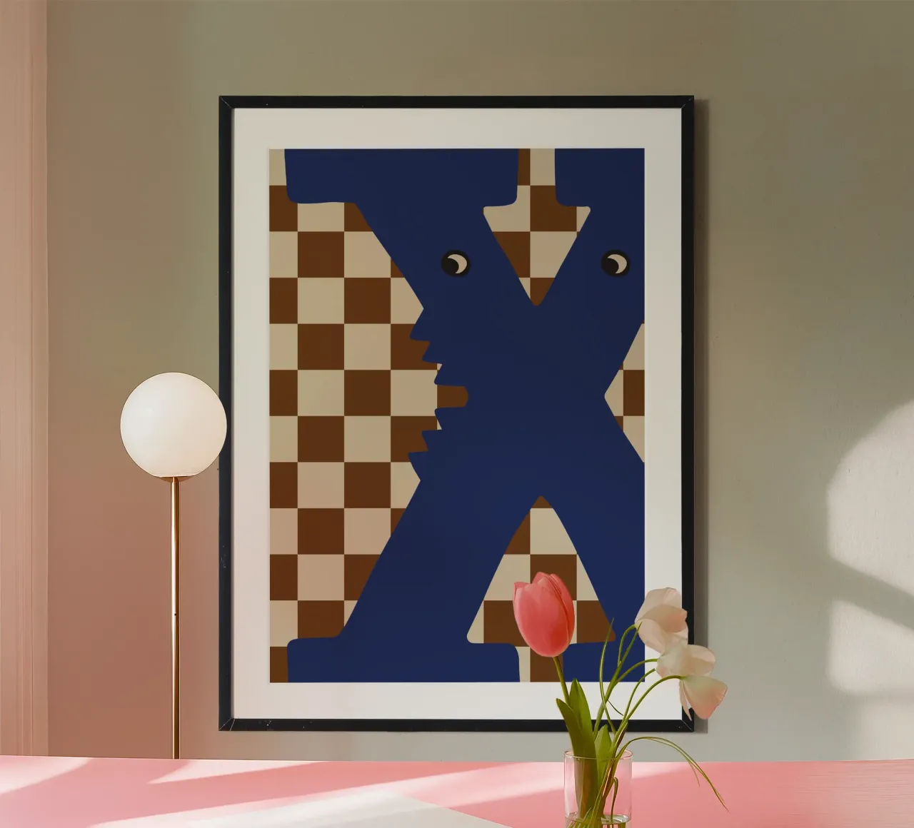 Lustiger Monster-Buchstabe X mit schachbrettartigem Hintergrund Poster mit Aluminium Rahmen von ALLÉE DE PAPIER
