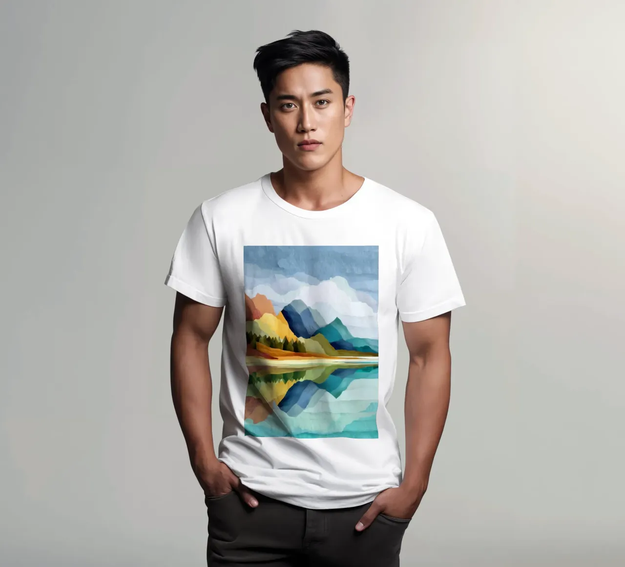 Lakeside Geometry - Bold Mountains Meet Mirror Water t-shirt da Dune