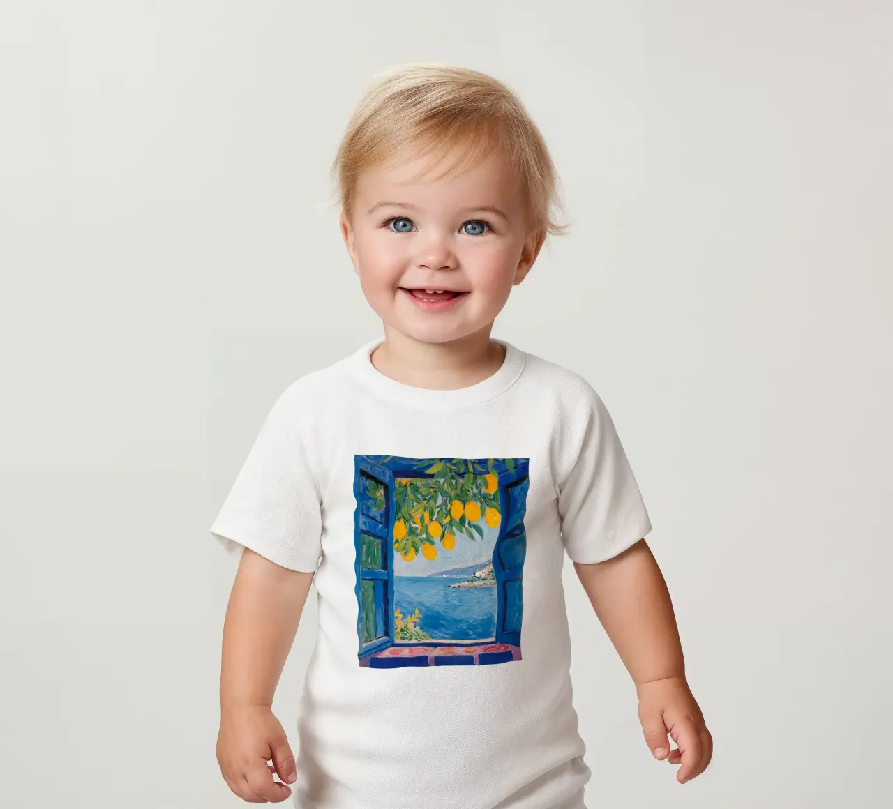 Lemon window by the sea - Mediterranean art poster baby t-shirt by KUNSTstück
