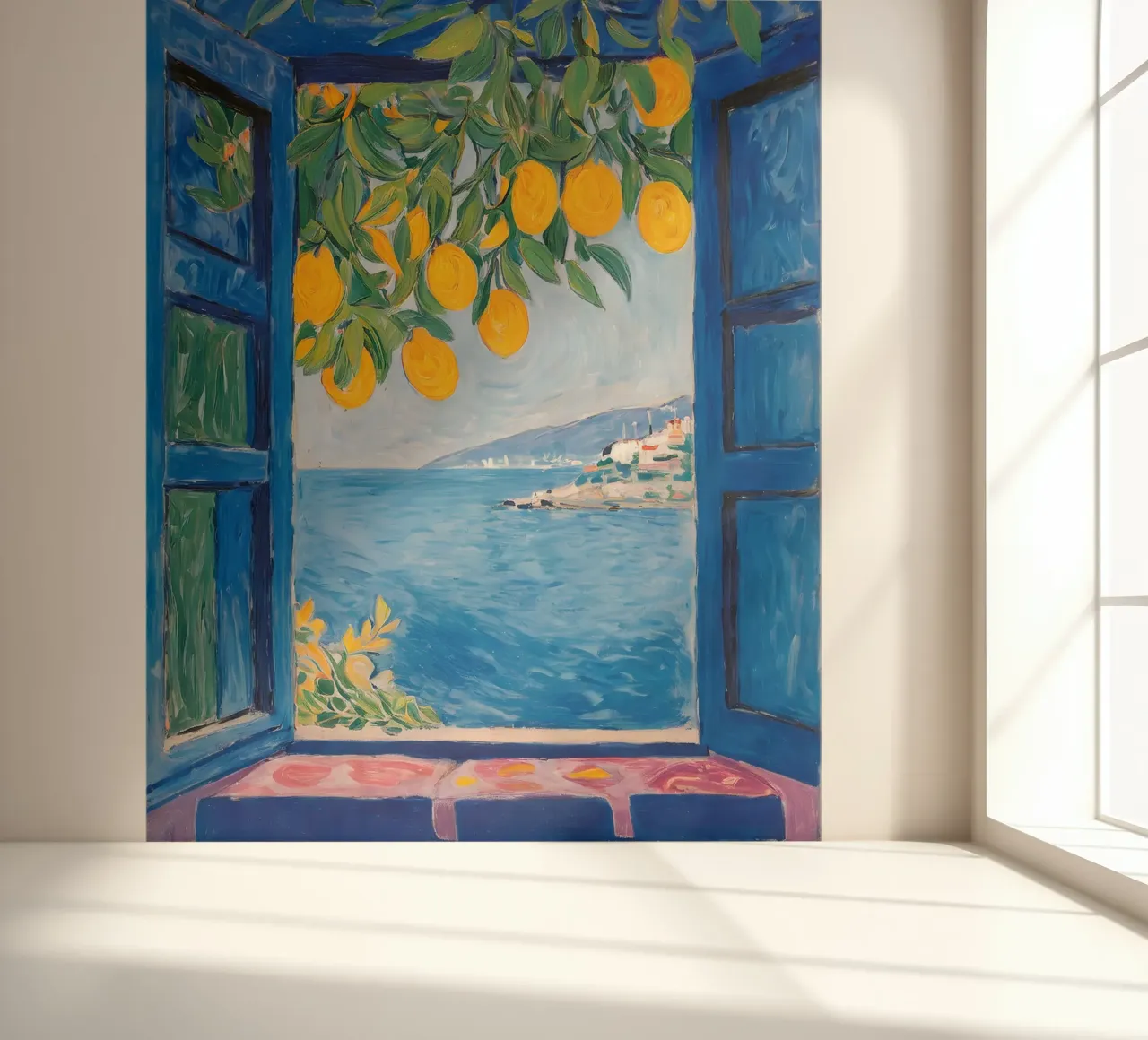 Lemon window by the sea - Mediterranean art poster photo wallpaper by KUNSTstück