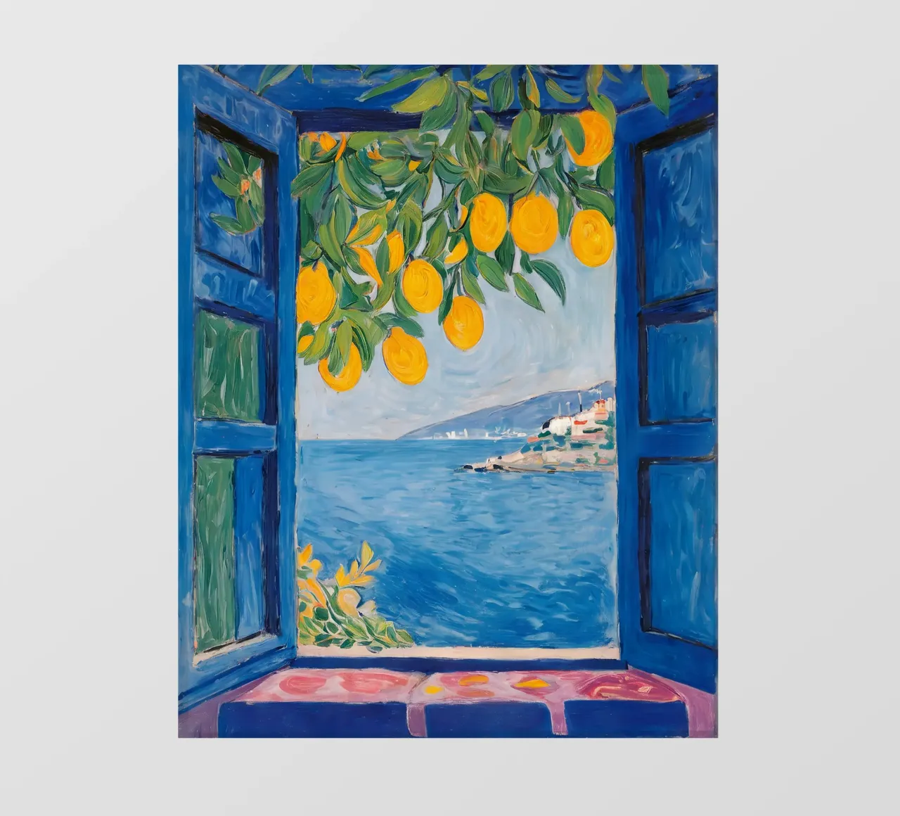 Lemon window by the sea - Mediterranean art poster photo wallpaper by KUNSTstück