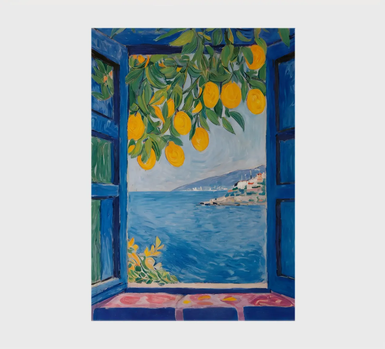 Lemon window by the sea - Mediterranean art poster notebook by KUNSTstück
