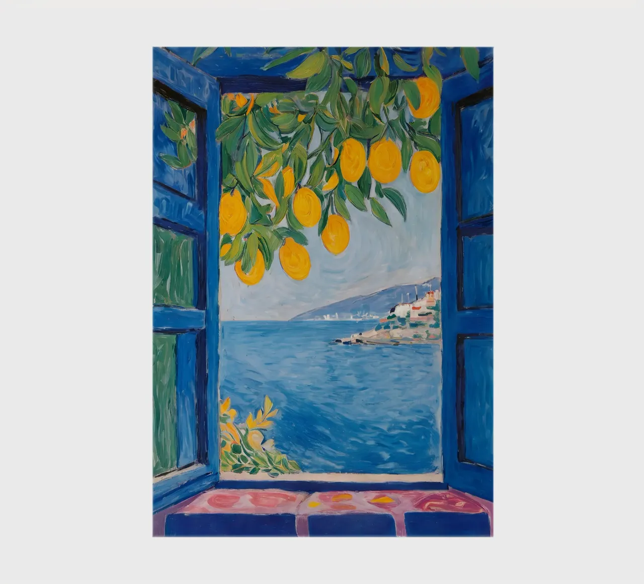 Lemon window by the sea - Mediterranean art poster notebook by KUNSTstück