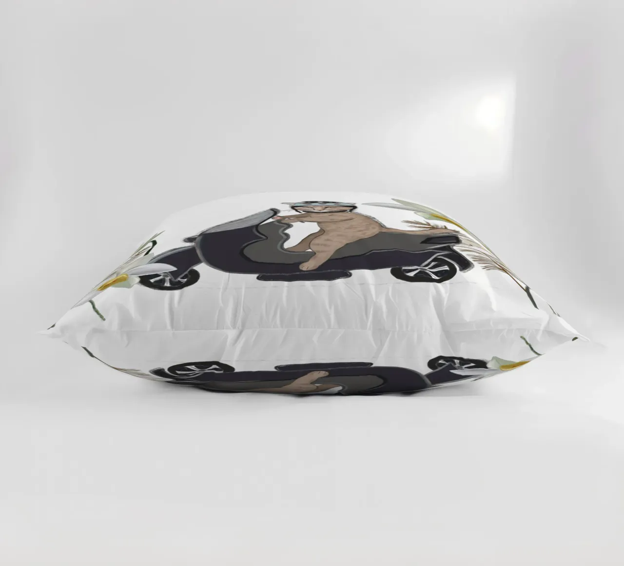 Biker cat with tropical forest decorative cushion by gulsengunel