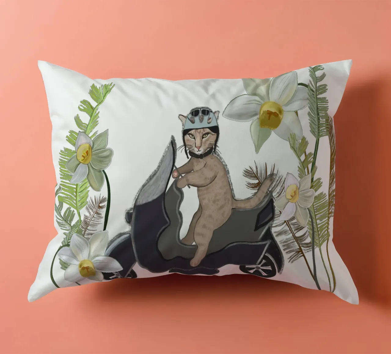 Biker cat with tropical forest decorative cushion by gulsengunel