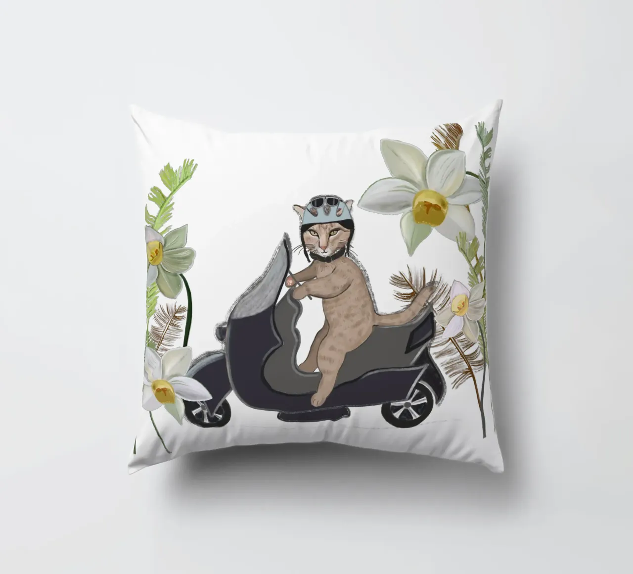 Biker cat with tropical forest decorative cushion by gulsengunel