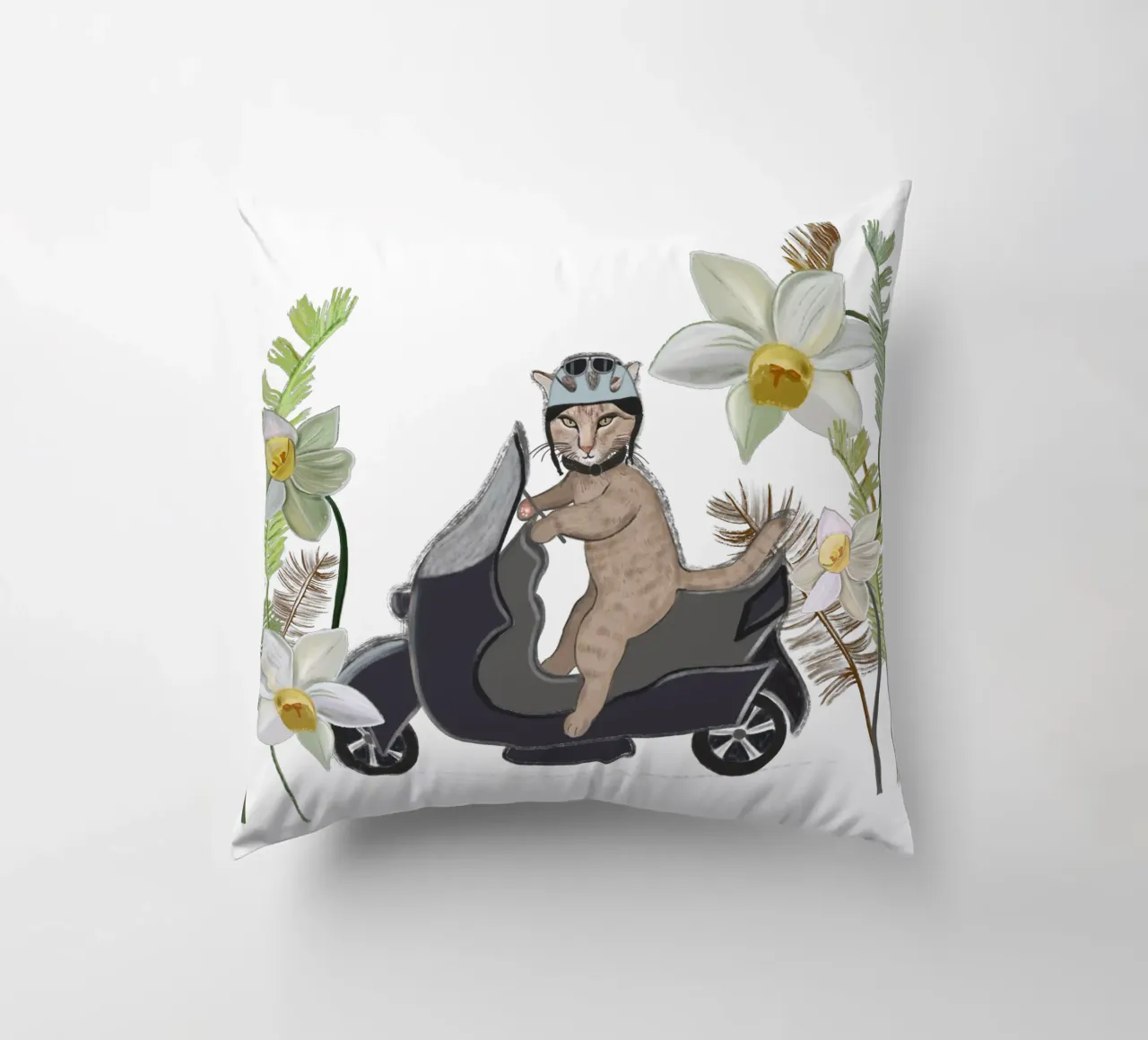 Biker cat with tropical forest decorative cushion by gulsengunel
