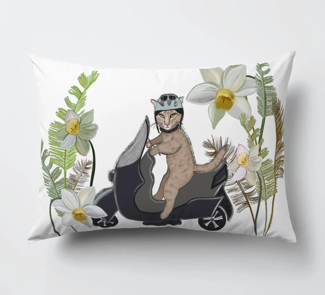 Biker cat with tropical forest decorative cushion by gulsengunel