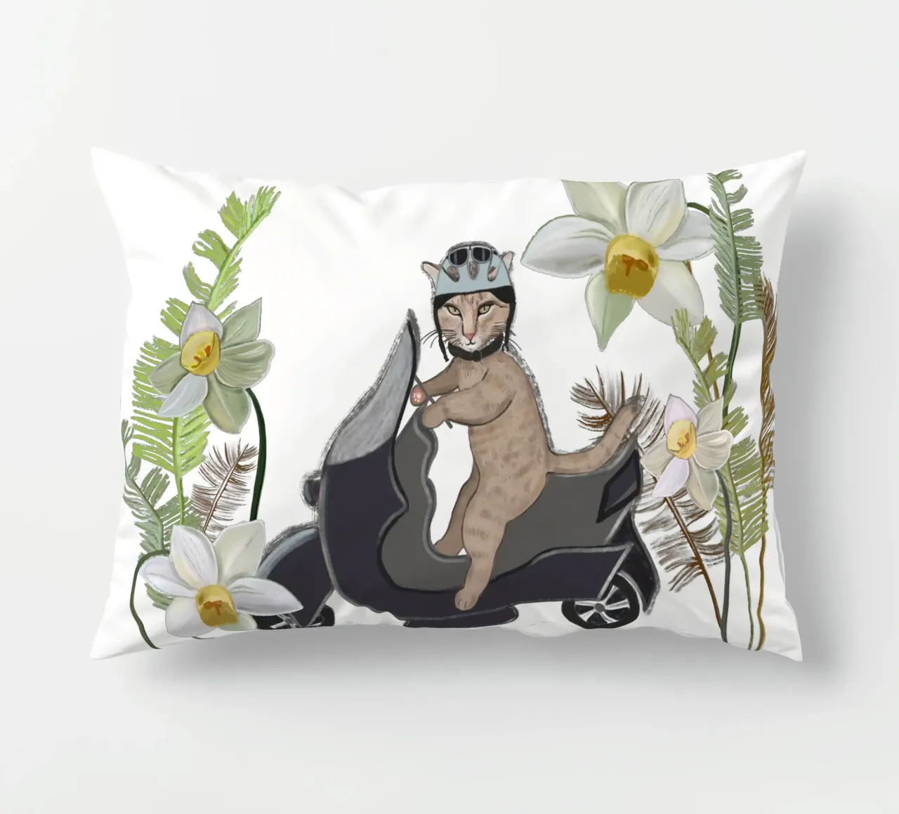 Biker cat with tropical forest decorative cushion by gulsengunel
