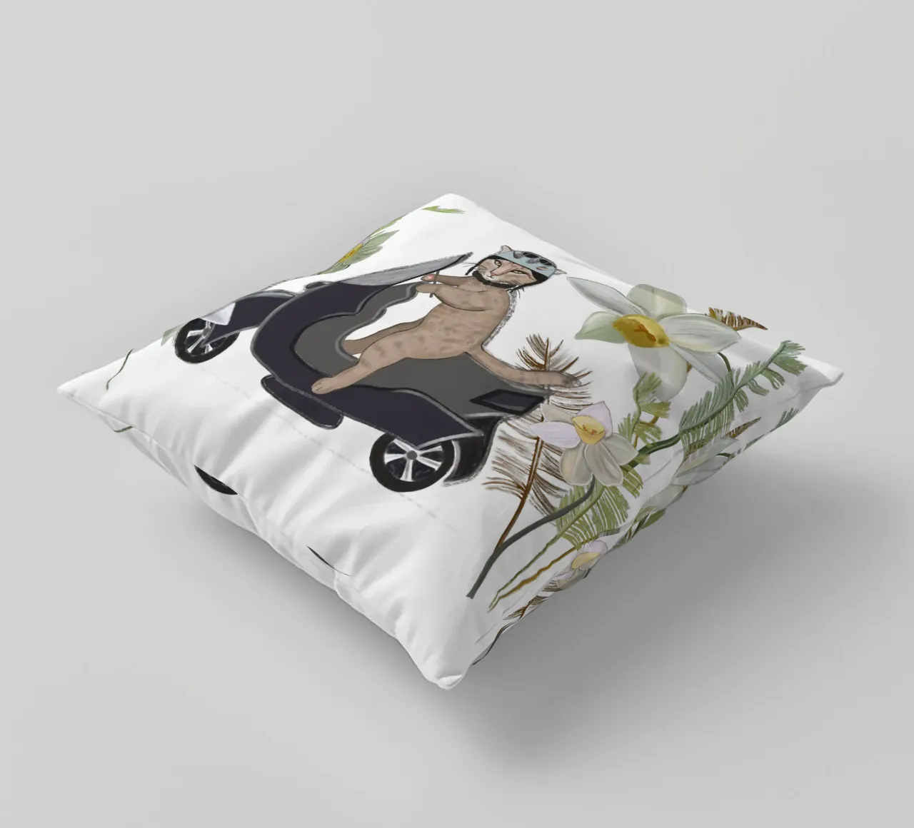 Biker cat with tropical forest decorative cushion by gulsengunel