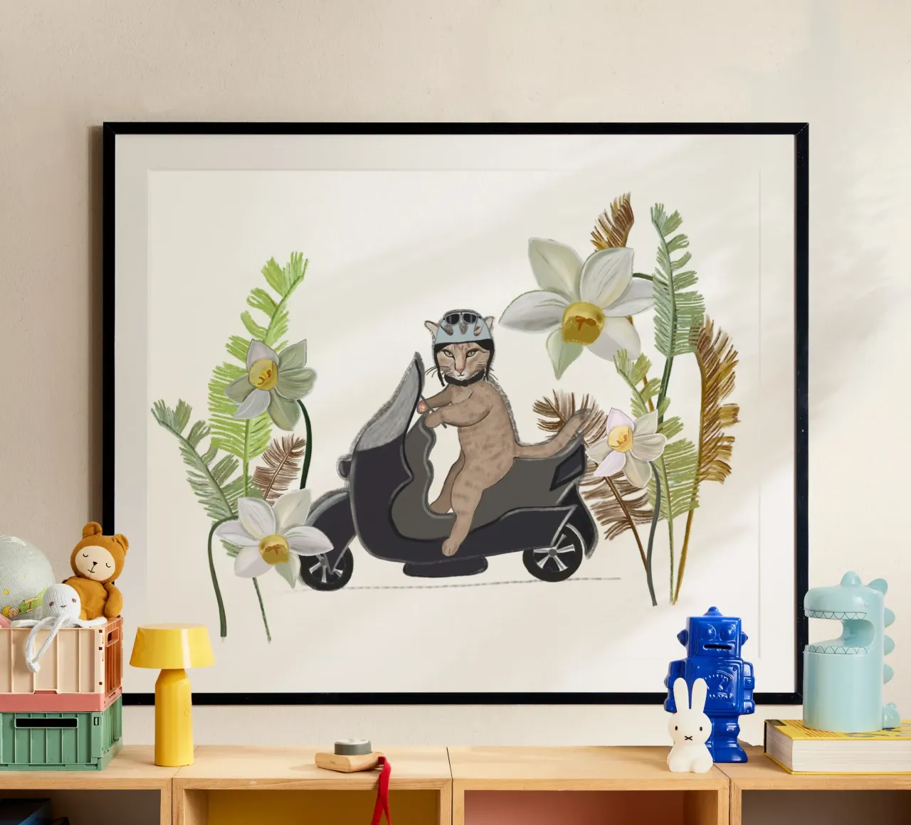 Gatto motociclista con foresta tropicale poster con telaio in legno da gulsengunel