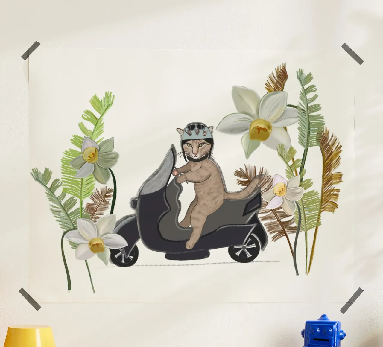 Gatto motociclista con foresta tropicale poster con telaio in legno da gulsengunel
