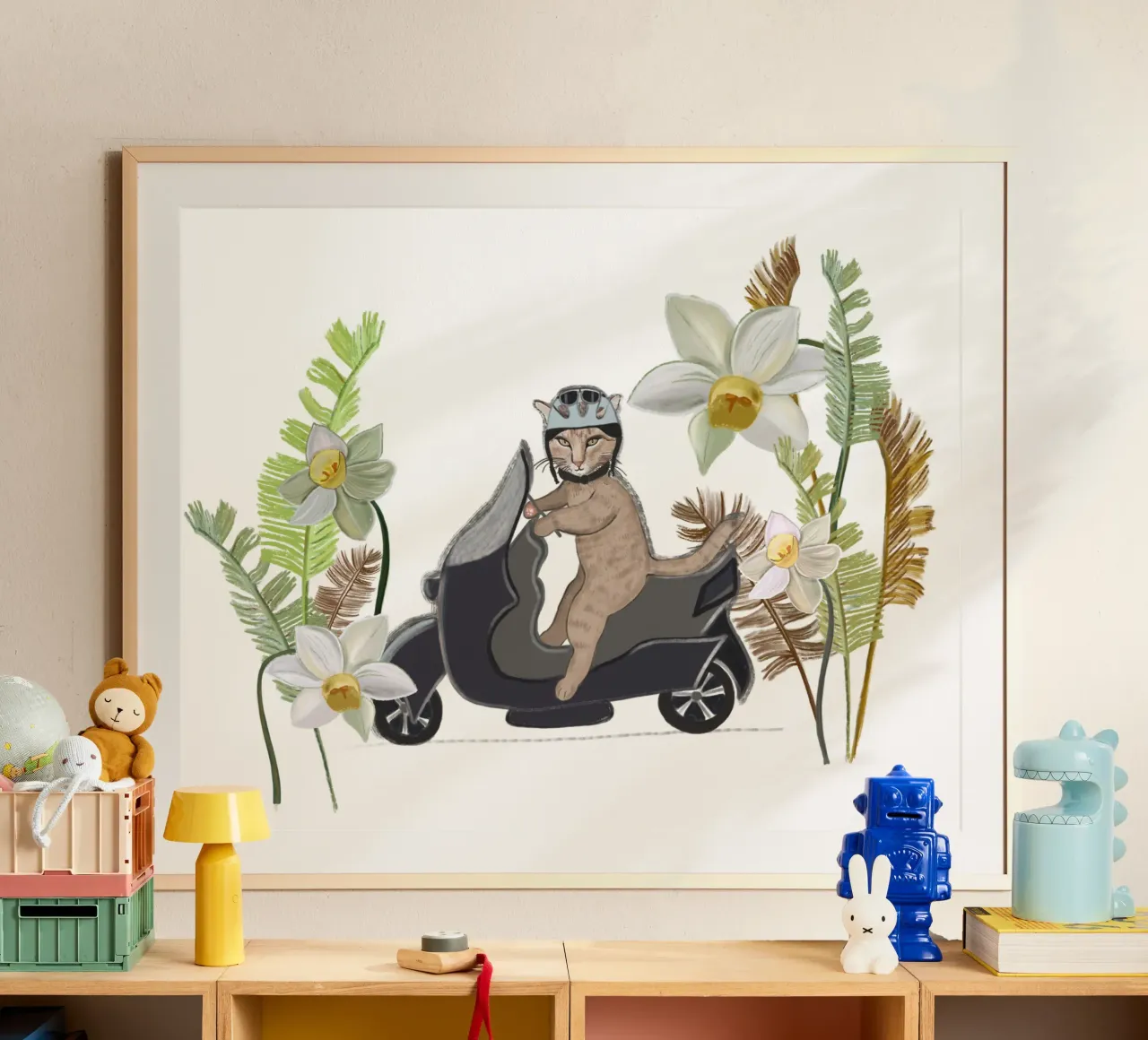 Gatto motociclista con foresta tropicale poster con telaio in legno da gulsengunel