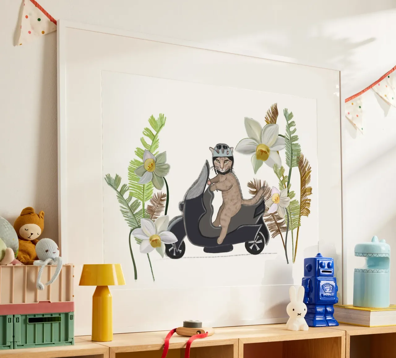 Gatto motociclista con foresta tropicale poster con telaio in legno da gulsengunel