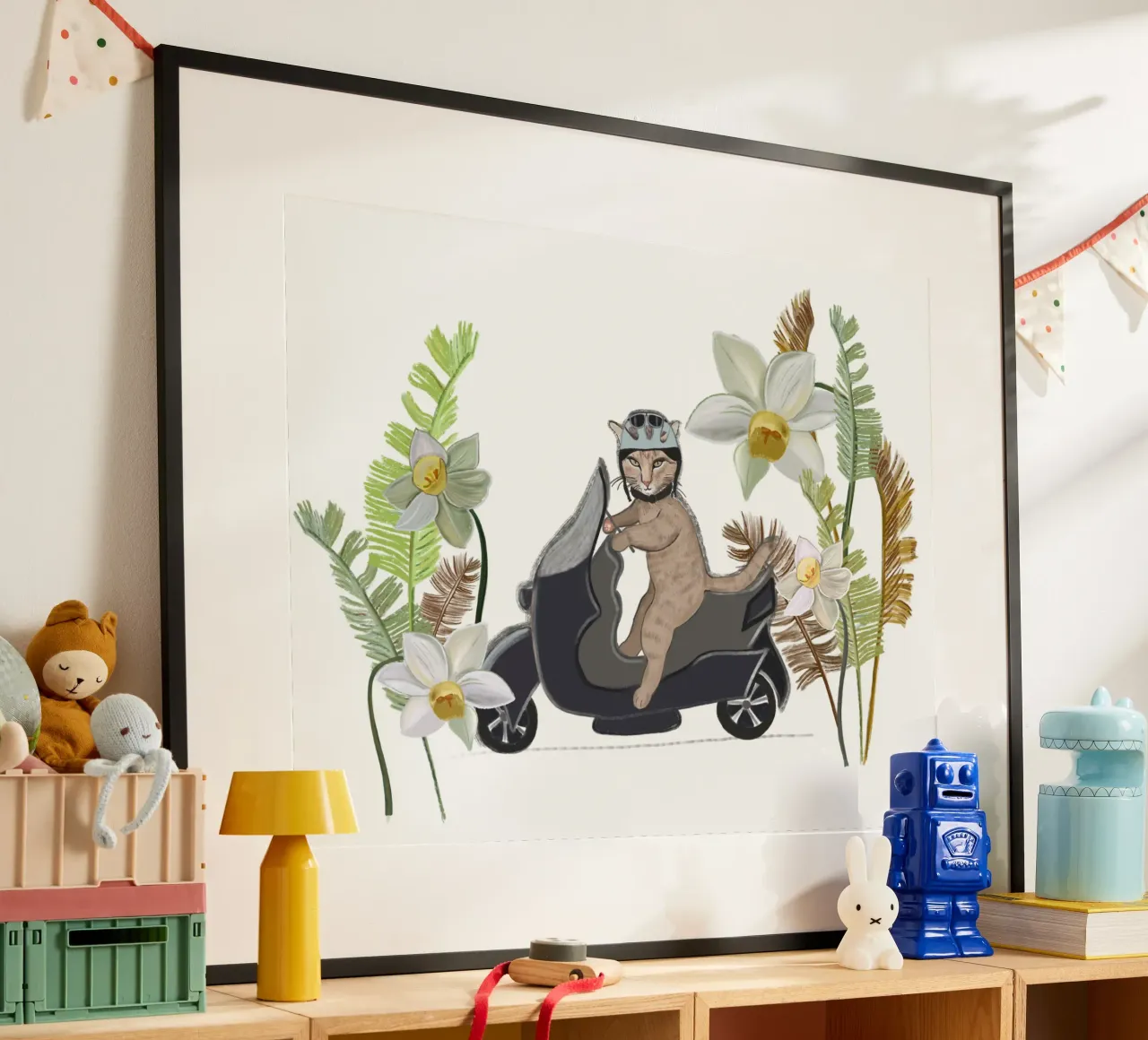 Gatto motociclista con foresta tropicale poster con telaio in legno da gulsengunel