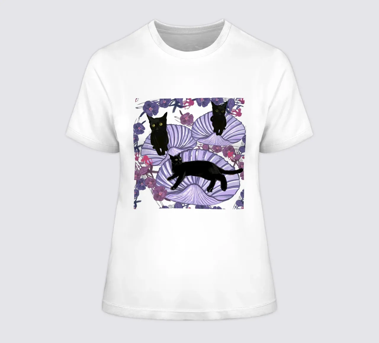 Black cat with sea shells and flowers women's fitted t-shirt by gulsengunel