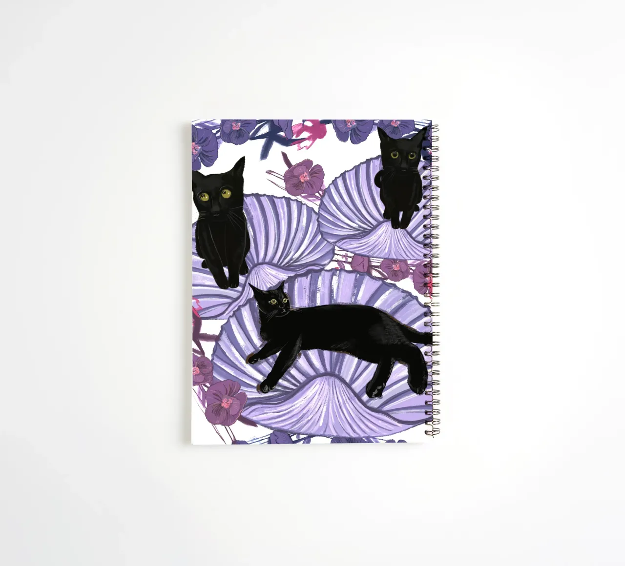 Black cat with sea shells and flowers spiral notebook by gulsengunel