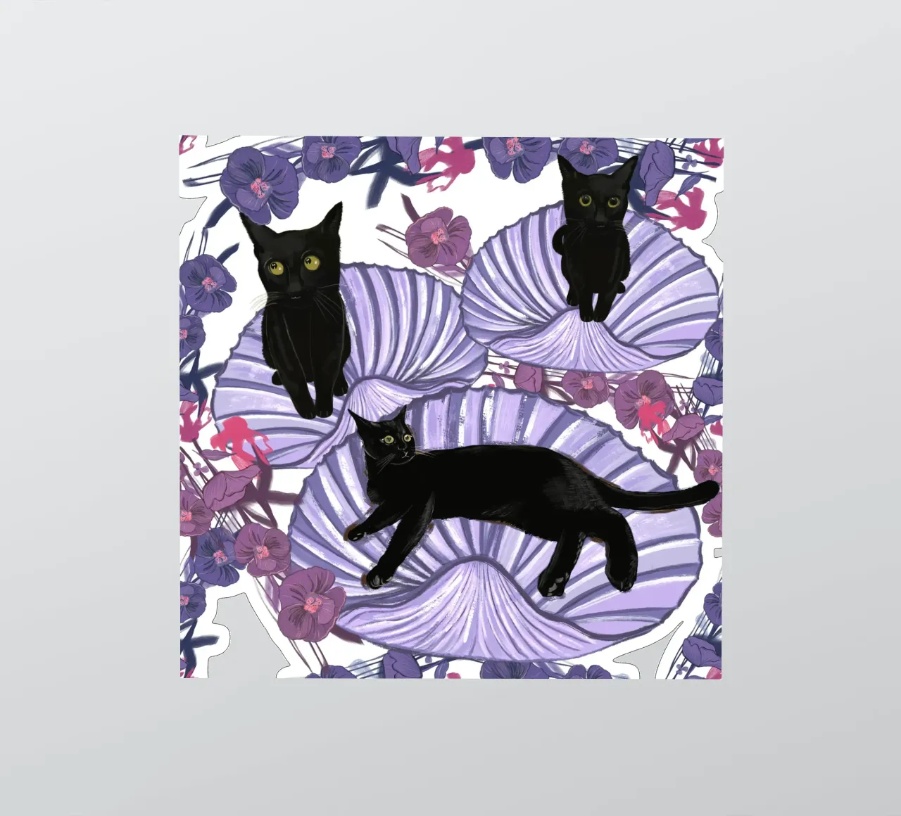 Gatto nero con conchiglie e fiori adesivo da gulsengunel