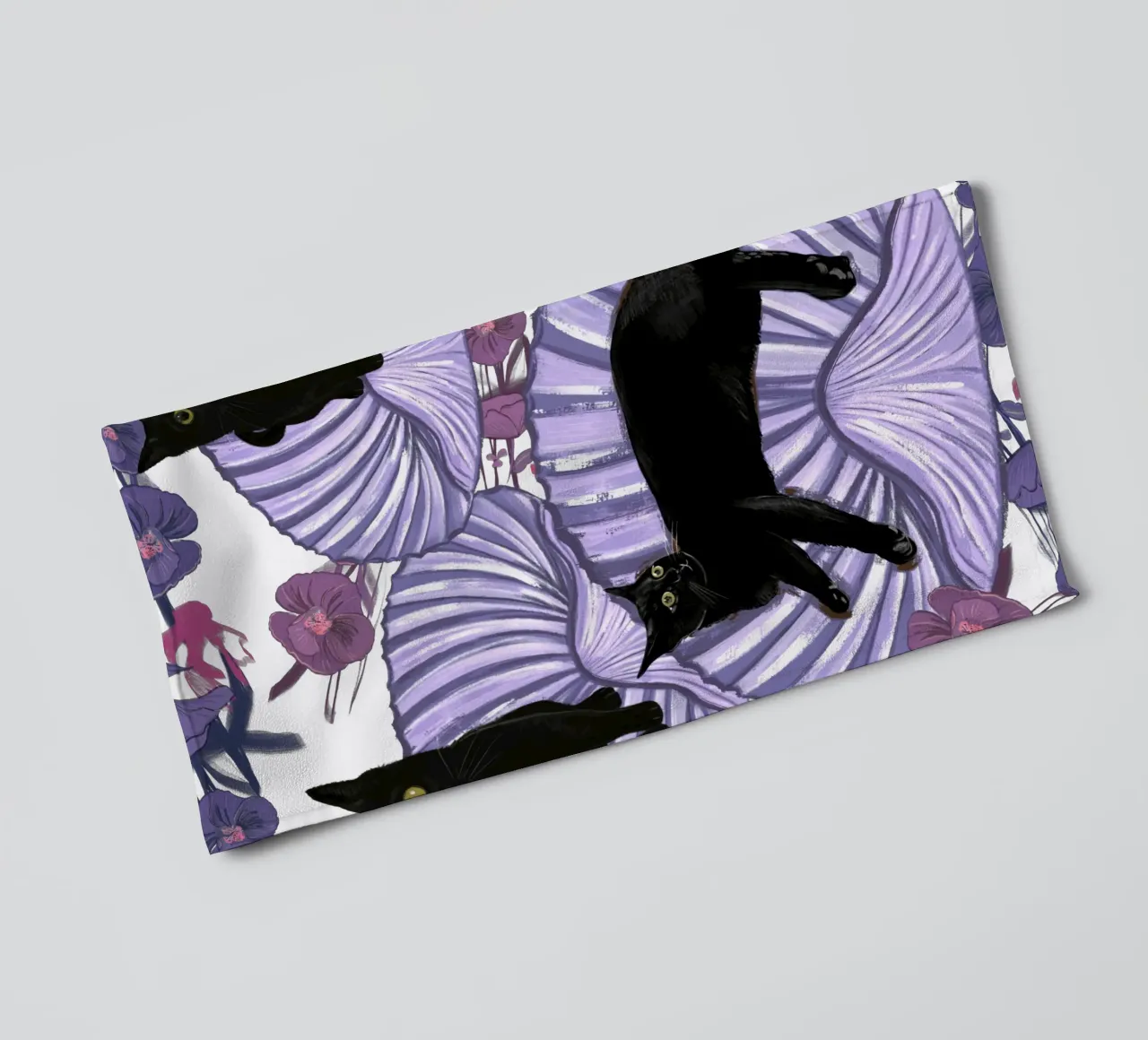 Black cat with sea shells and flowers towel by gulsengunel