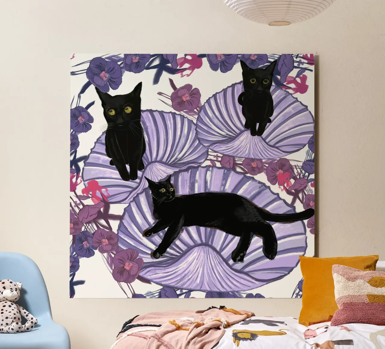 Black cat with sea shells and flowers alu-dibond by gulsengunel