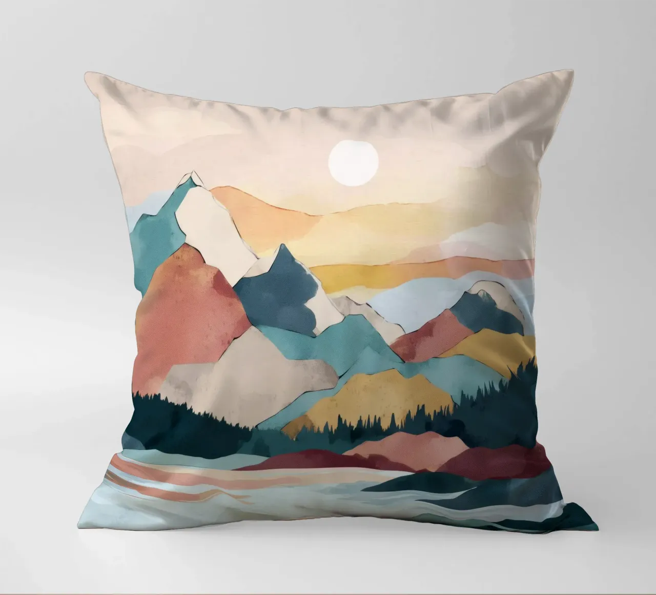 Abstract Mountain Landscape Print - Colorful Lake and Sunset cuscino da Dune