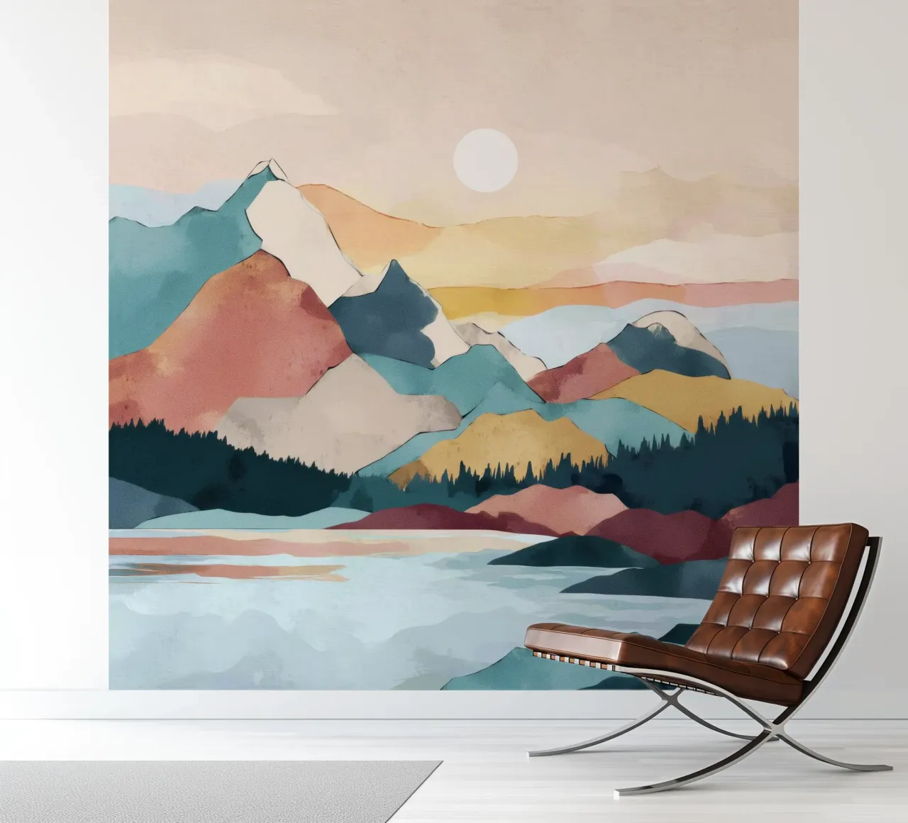 Abstract Mountain Landscape Print - Colorful Lake and Sunset carta da parati fotografica da Dune