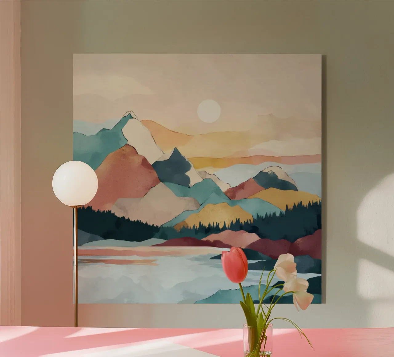 Abstract Mountain Landscape Print - Colorful Lake and Sunset plexiglass da Dune