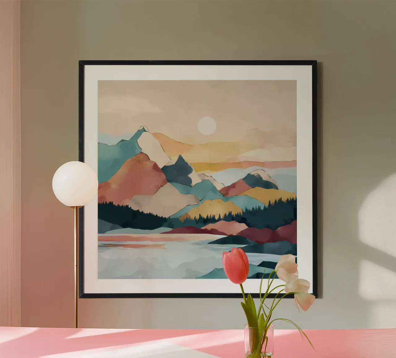 Abstract Mountain Landscape Print - Colorful Lake and Sunset poster da Dune