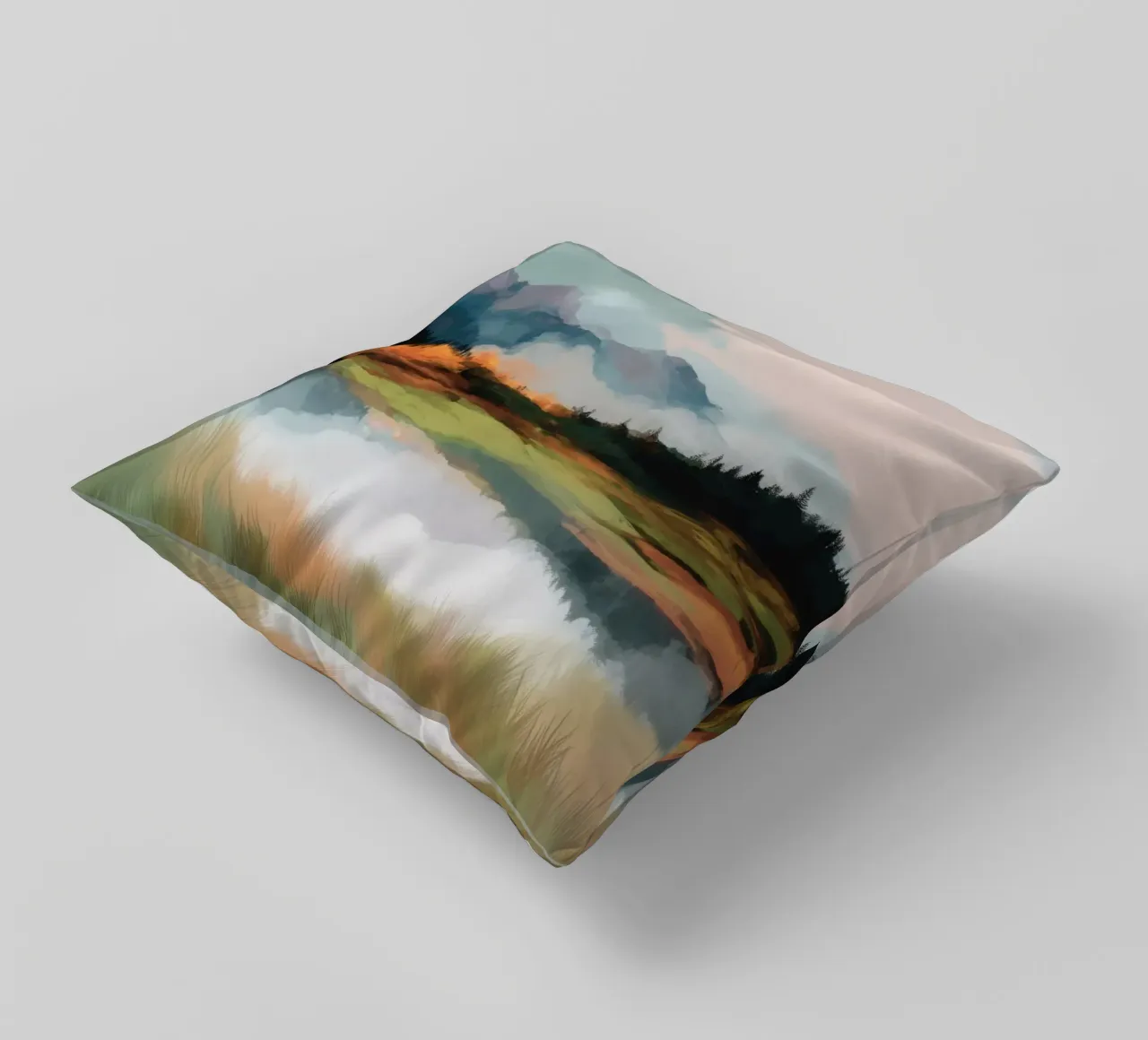 Alpine Painting - Tranquil Mountains and Soft Autumn Colors cuscino da Dune
