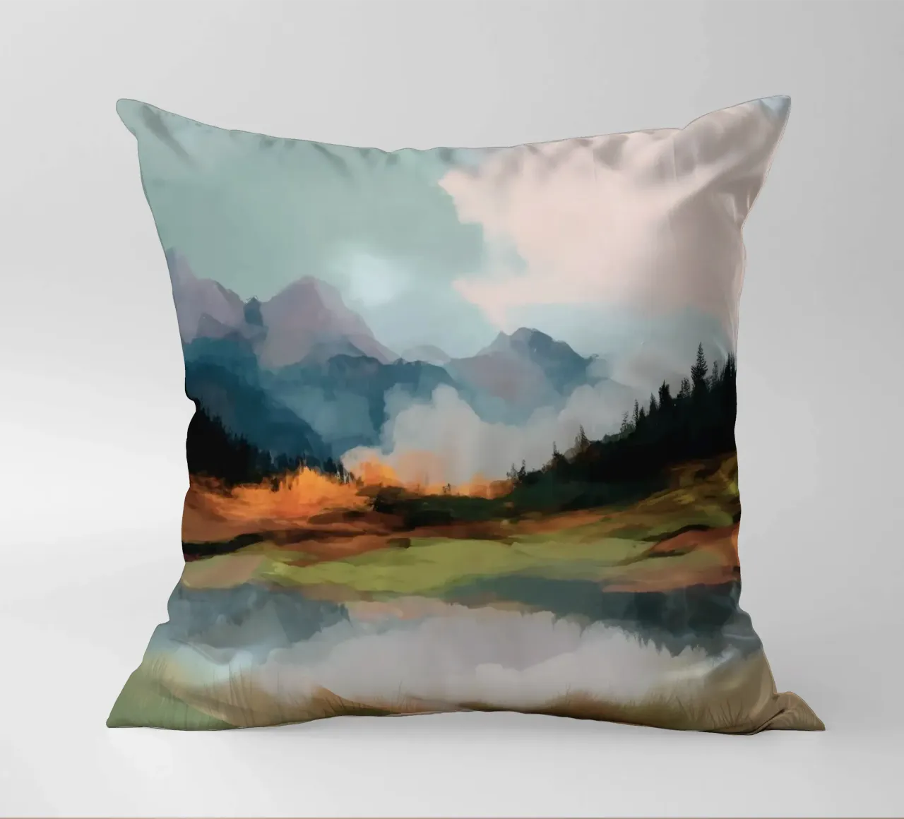 Alpine Painting - Tranquil Mountains and Soft Autumn Colors cuscino da Dune