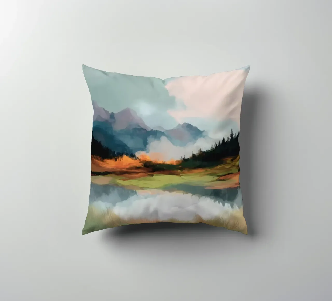 Alpine Painting - Tranquil Mountains and Soft Autumn Colors cuscino da Dune