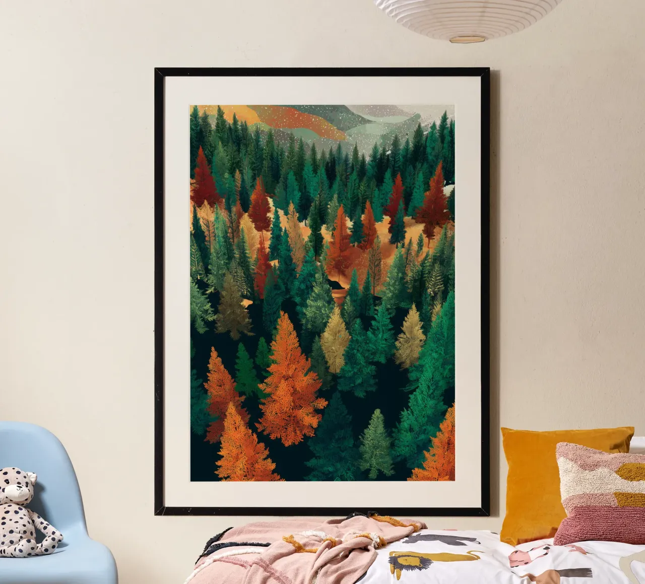 Colorful Pine Tree Wall Art - Fall and Winter Nature Scene poster con telaio in legno da Dune