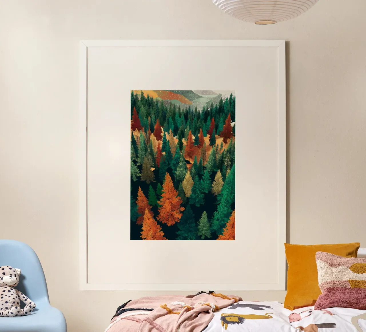 Colorful Pine Tree Wall Art - Fall and Winter Nature Scene poster con telaio in legno da Dune