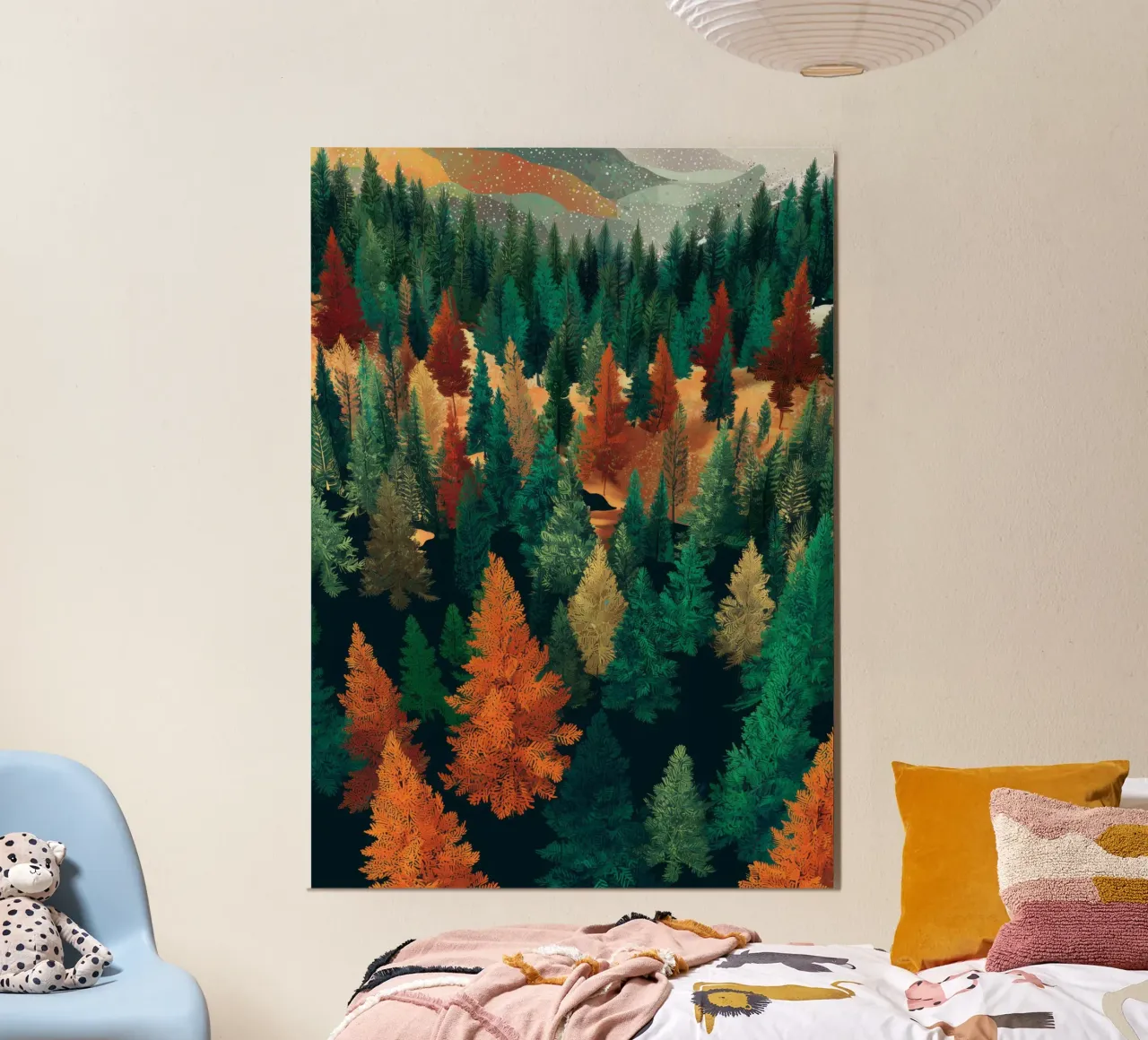 Colorful Pine Tree Wall Art - Fall and Winter Nature Scene poster con telaio in legno da Dune