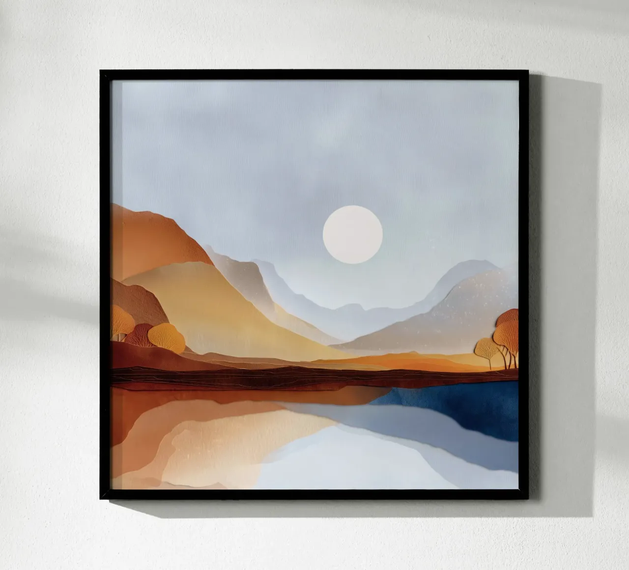 Minimalist Landscape – Warm Hills and Mountain Reflections poster con telaio in legno da Dune