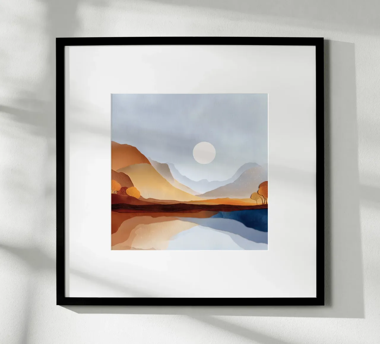 Minimalist Landscape – Warm Hills and Mountain Reflections poster con telaio in legno da Dune