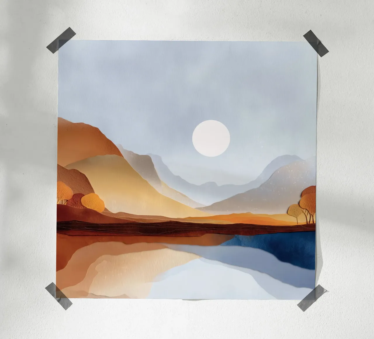 Minimalist Landscape – Warm Hills and Mountain Reflections poster con telaio in legno da Dune