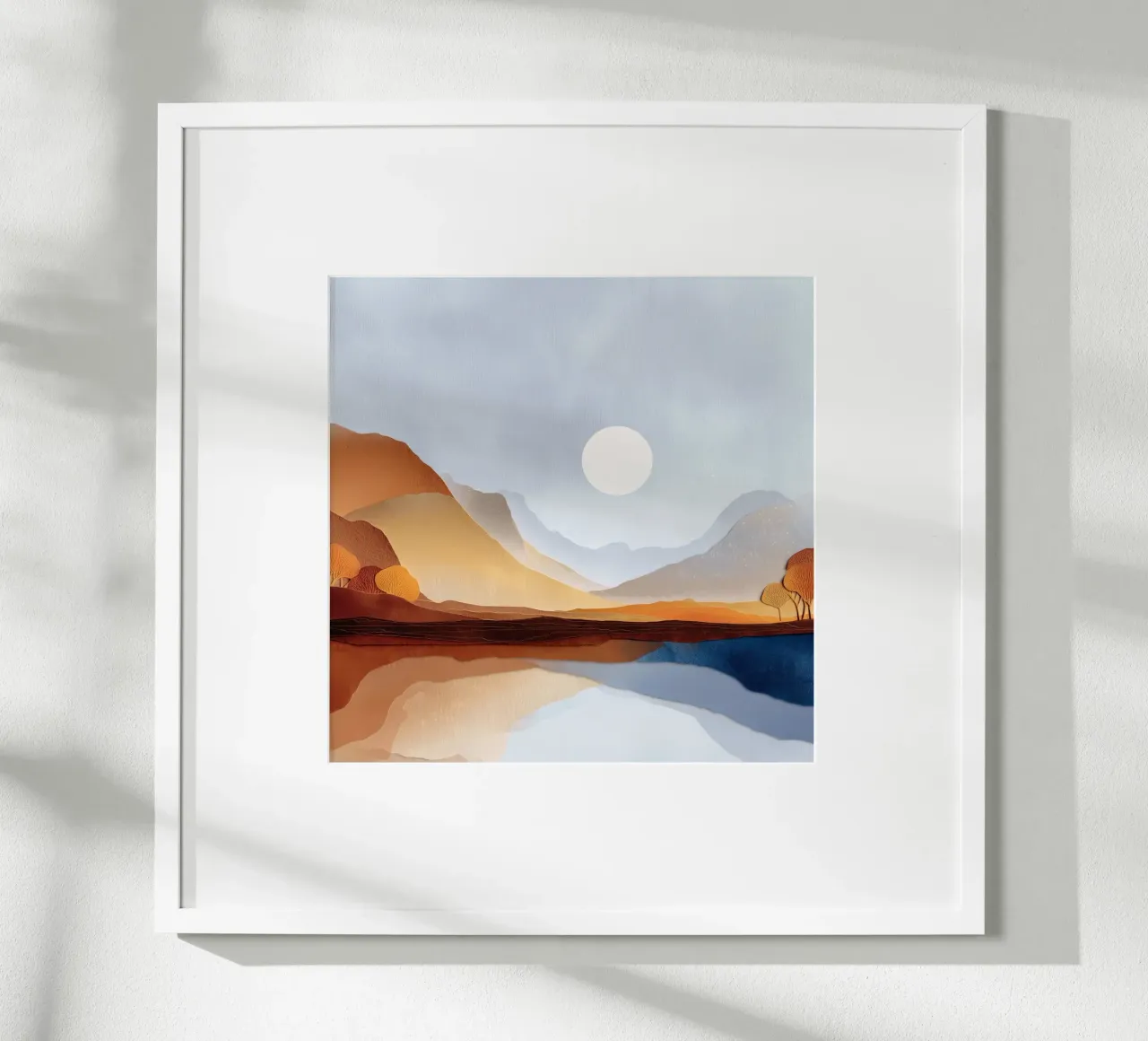 Minimalist Landscape – Warm Hills and Mountain Reflections poster con telaio in legno da Dune