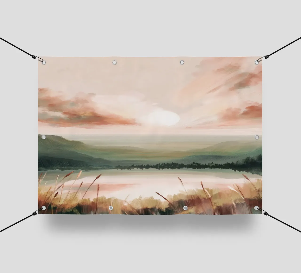 Pastel Landscape Wall Art - Peaceful Lake and Soft Hills telo in pvc da Dune