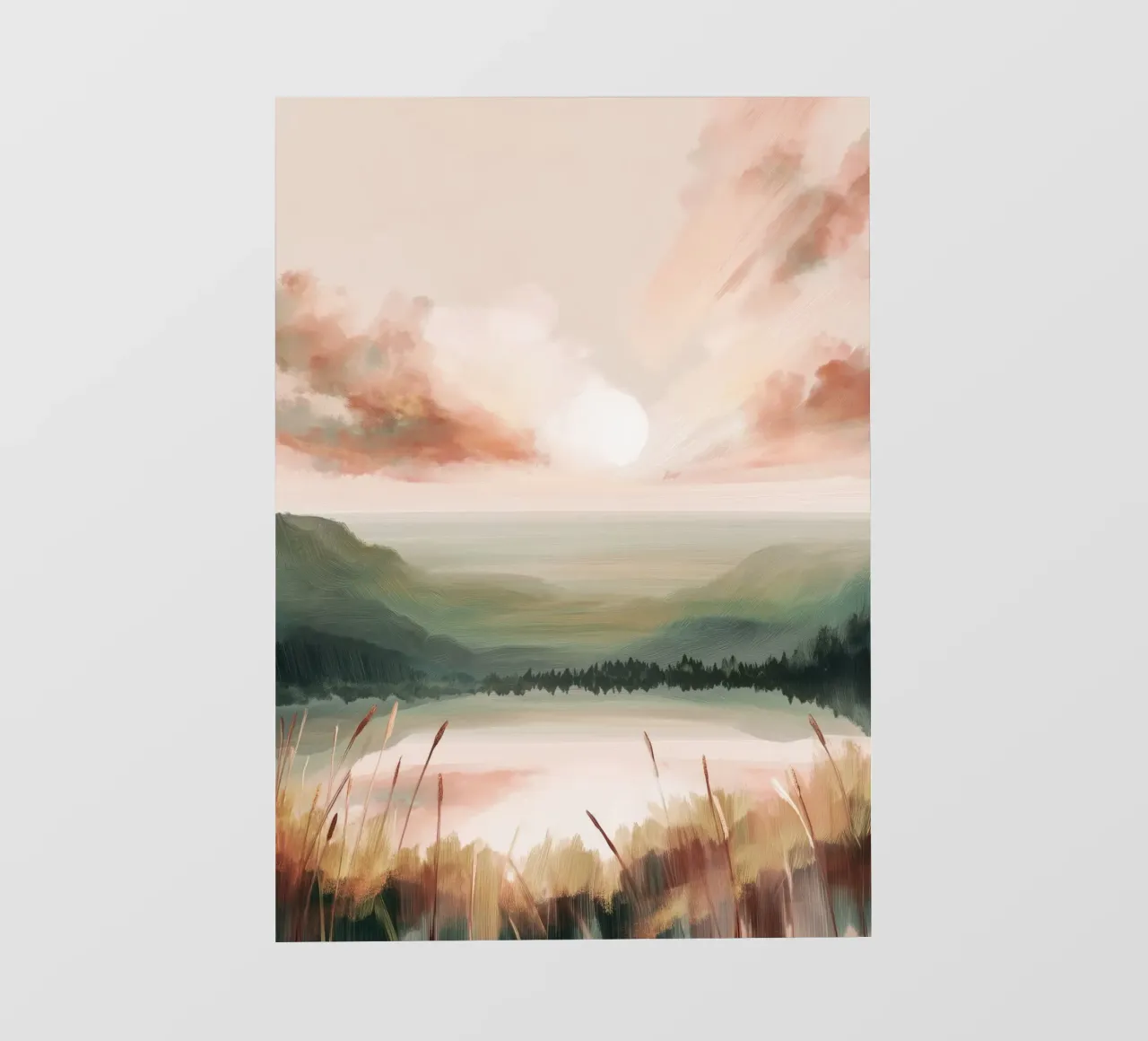 Pastel Landscape Wall Art - Peaceful Lake and Soft Hills telo in pvc da Dune