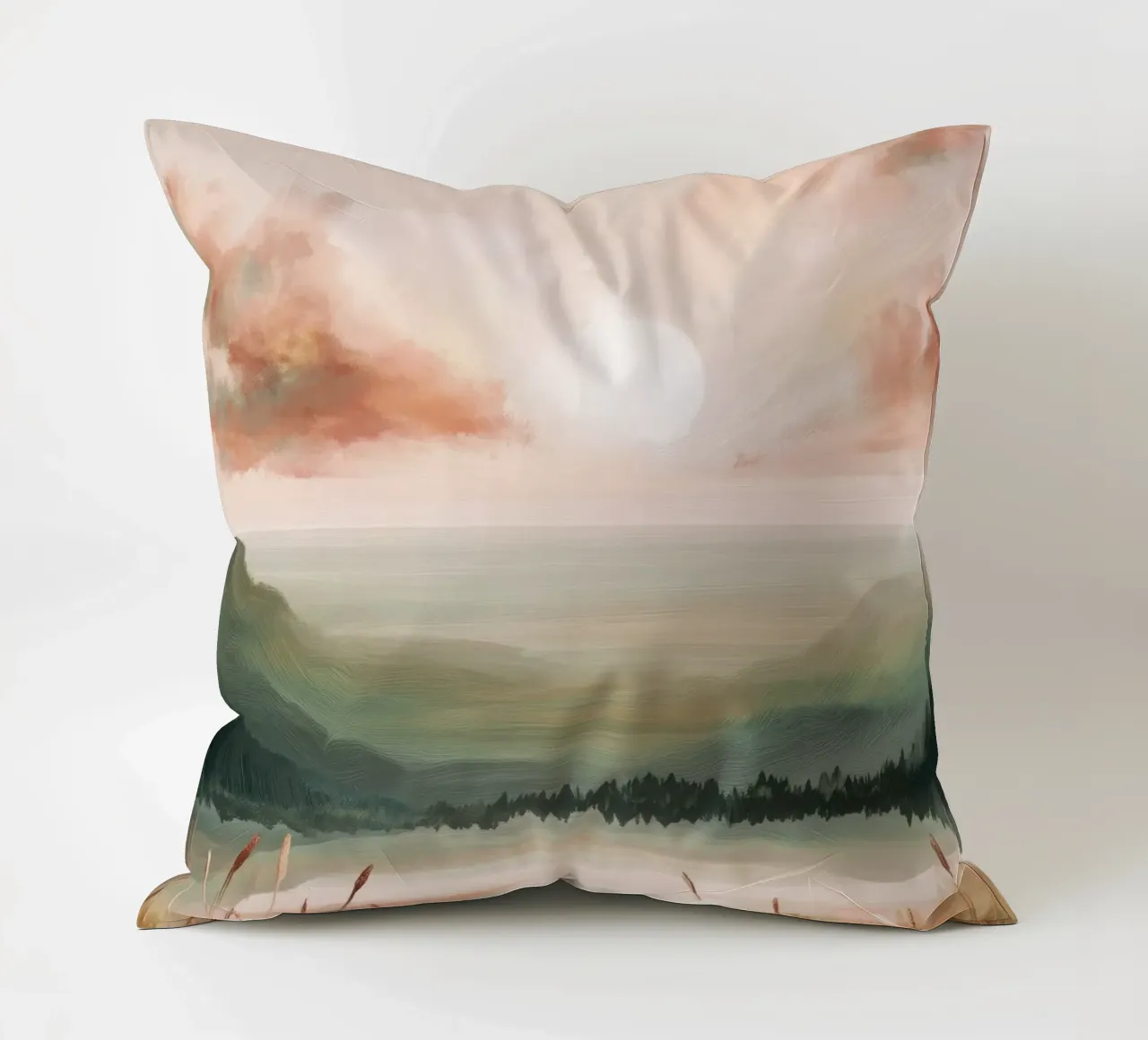 Pastel Landscape Wall Art - Peaceful Lake and Soft Hills cuscino da Dune