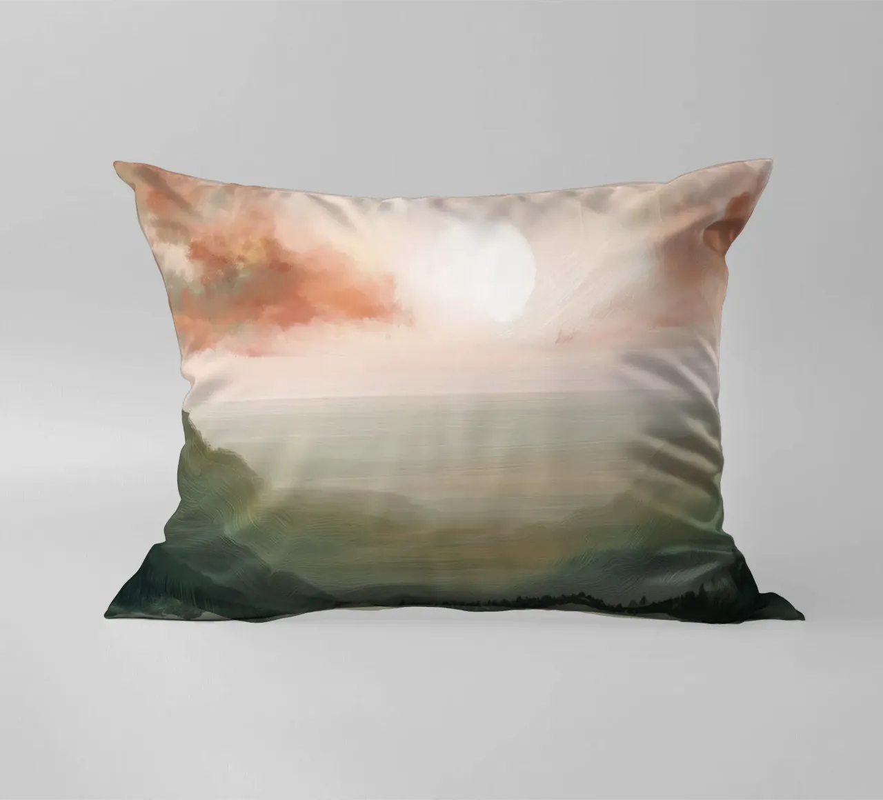 Pastel Landscape Wall Art - Peaceful Lake and Soft Hills cuscino da Dune