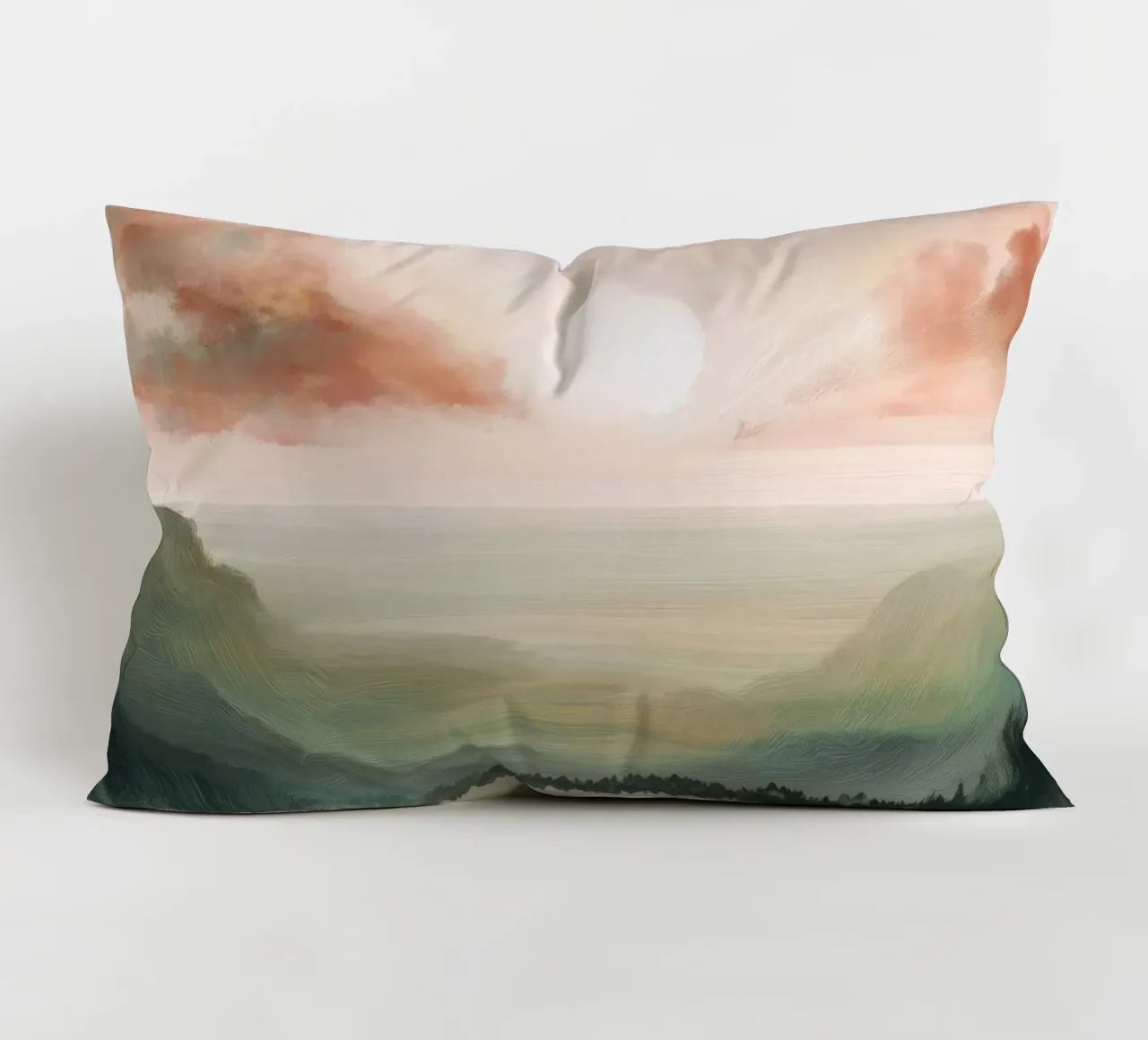 Pastel Landscape Wall Art - Peaceful Lake and Soft Hills cuscino da Dune
